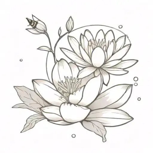 water lily, holy ivy, snowdrop flowers bouquet small with a bee flying tattoo design idea