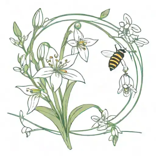 , holy ivy, snowdrop flowers bouquet small with a bee flying tattoo design idea