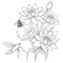 water lily, holy ivy, snowdrop flowers bouquet small with a bee tattoo design idea