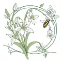 , holy ivy, snowdrop flowers bouquet small with a bee flying tattoo design idea