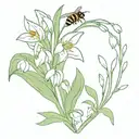 , holy ivy, snowdrop flowers bouquet small with a bee flying tattoo design idea