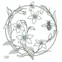 , holy ivy, snowdrop flowers bouquet small with a bee flying tattoo design idea