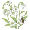 , holy ivy, snowdrop flowers bouquet small with a bee flying tattoo design idea