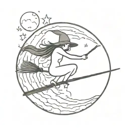 A minimalist silhouette of a witch flying on a broomstick against a full moon tattoo design idea