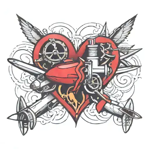 heart and airplane engine intertwined tattoo design idea