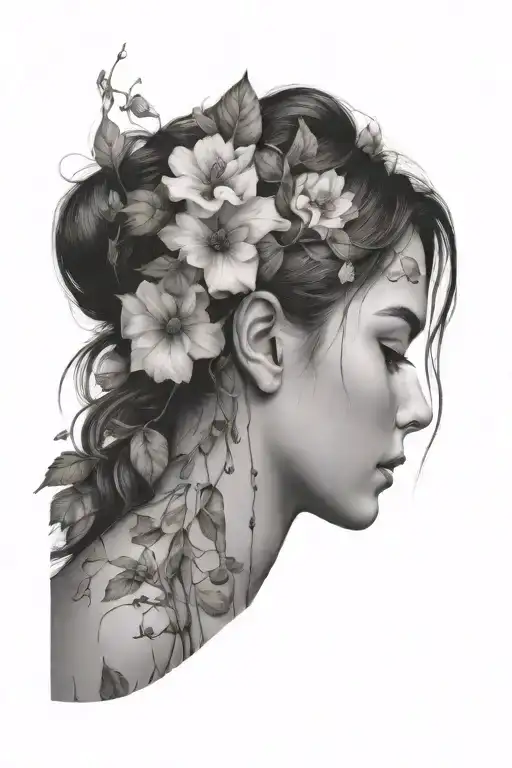 portrait of a beautiful woman covered in vines and flowers,   tattoo design idea