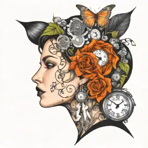 portrait of a beautiful woman covered in vines and flowers, clocks, bolts,   bold colors, steampunk, cyberpunk. tattoo design idea