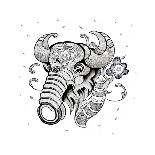 mammoth head with flowers tattoo design idea