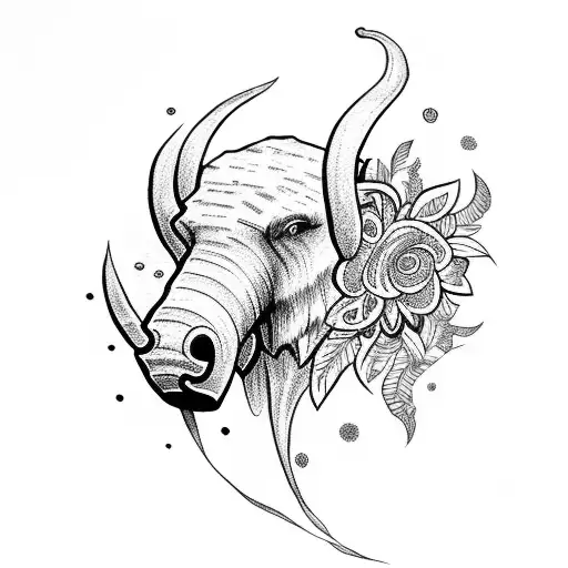 mammoth head with flowers tattoo design idea