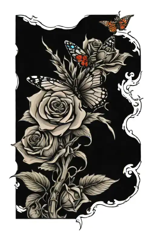 a spine tattoo with roses with thorns and a single butterfly near the top  tattoo design idea