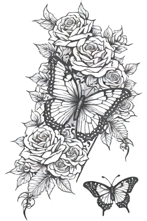 a spine tattoo with roses with thorns and one butterfly near the top  tattoo design idea