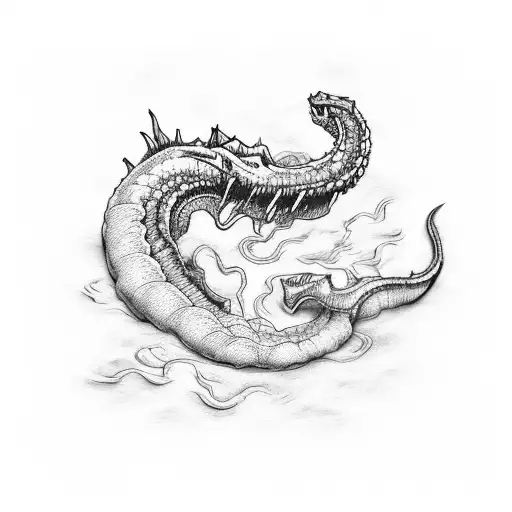 A tooth-shaped island with a mythical sea serpent circling around it, in a dotwork style tattoo design idea