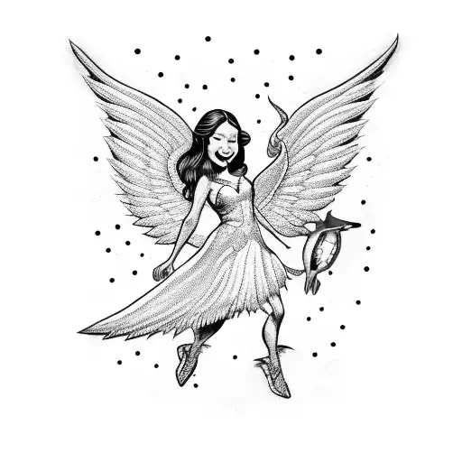 A tooth fairy with wings and a wand, in a blackwork style tattoo design idea