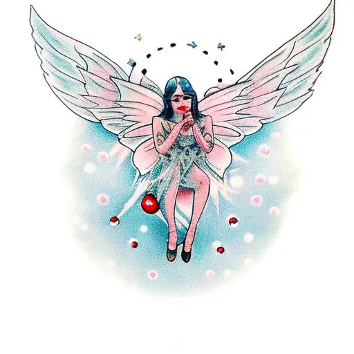 fairy with wing sitting on a red mushroom with white dots and huging her legs tattoo design idea