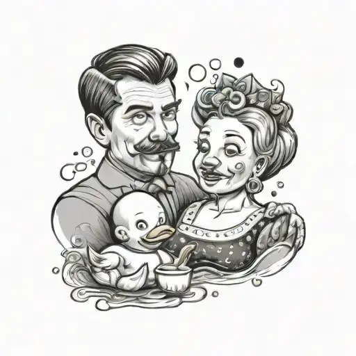 A black-grey tattoo of a bratty wife drawing a portrait of her husband, with rubber ducks scattered around as decoration tattoo design idea