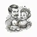 A black-grey tattoo of a bratty wife drawing a portrait of her husband, with rubber ducks scattered around as decoration tattoo design idea