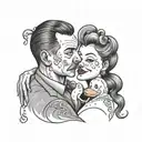 A black-grey tattoo of a bratty wife drawing a portrait of her husband, with rubber ducks scattered around as decoration tattoo design idea