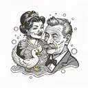 A black-grey tattoo of a bratty wife drawing a portrait of her husband, with rubber ducks scattered around as decoration tattoo design idea