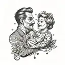 A black-grey tattoo of a bratty wife drawing a portrait of her husband, with rubber ducks scattered around as decoration tattoo design idea