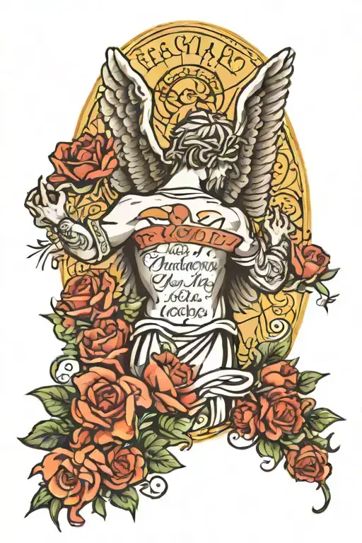 catholic religious back tattoo with the prayer "Angel of God, my guardian dear, To whom God's love commits me here, Ever tattoo design idea