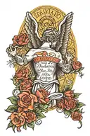 catholic religious back tattoo with the prayer "Angel of God, my guardian dear, To whom God's love commits me here, Ever tattoo design idea