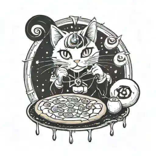 A cat dressed as Sailor Moon making pizza in a blackwork style tattoo design idea