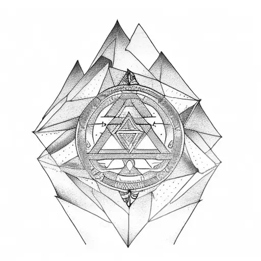 An ornamental geometric tattoo with freedom, mountains, and skydiving tattoo design idea