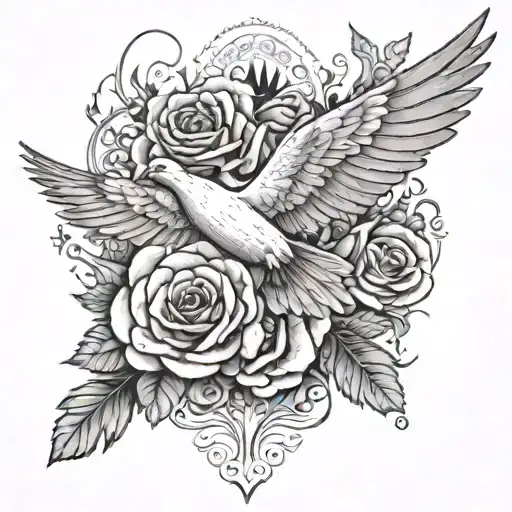 scale of just, dove flying, smoke, roses with pedals falling off.  tattoo design idea
