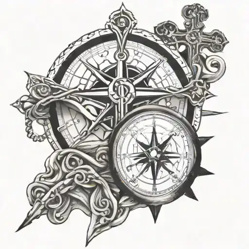 compass and crucifix and bible and Jesus and storm and sun and Nikki tattoo design idea