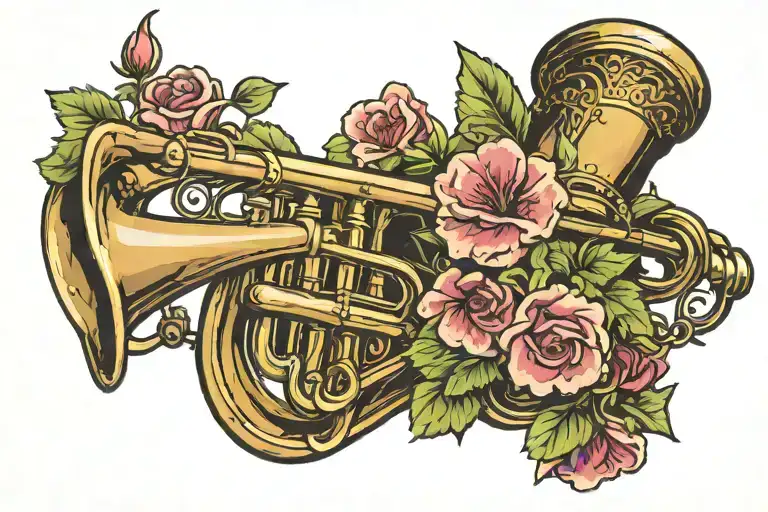 trumpet with flowers coming out of the bell helmet tattoo design idea