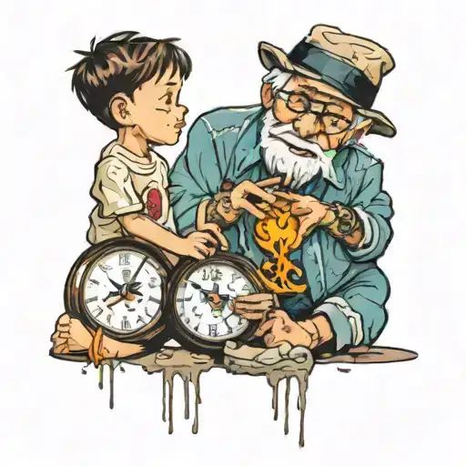 Kid holding a clock melting while an old man holding tattoo design idea