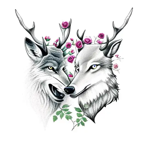 stag and wolf with roses and a crescent moon tattoo design idea