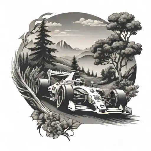 A Formula 1 car racing through a nature landscape tattoo design idea