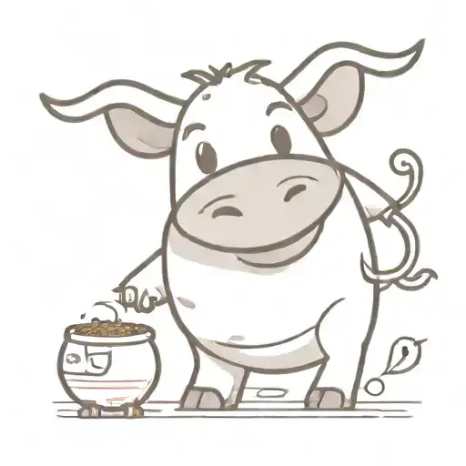 A cute, cartoon-style cow character, happily rolling tobacco with its hands, non-realistic and whimsical, with a joyful  tattoo design idea