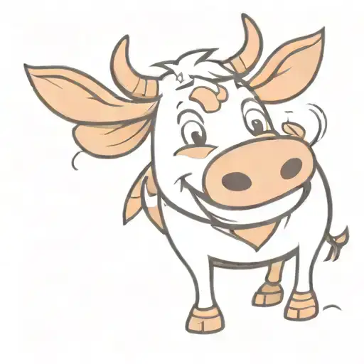 A cute, cartoon-style cow character, happily rolling tobacco with its hands, non-realistic and whimsical, with a joyful  tattoo design idea