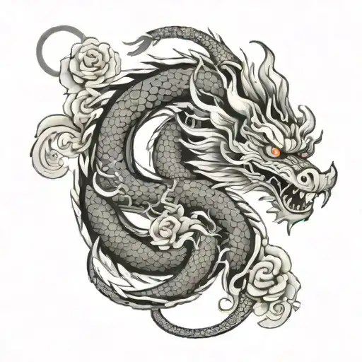 A china dragon tattoo with flower accents and flame details tattoo design idea