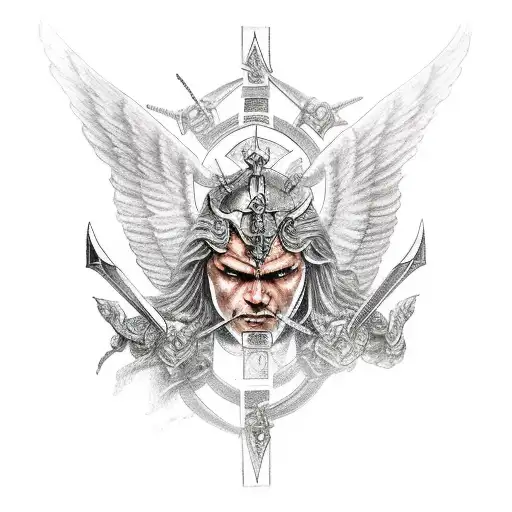 A powerful angel warrior clad in armor, engaged in an intense battle with a menacing devil tattoo design idea