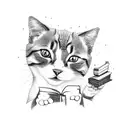 A playful and mischievous cat peering out from behind a stack of books, representing the curiosity and love for learning as a student. tattoo design idea