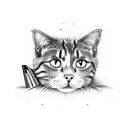 A playful and mischievous cat peering out from behind a stack of books, representing the curiosity and love for learning as a student. tattoo design idea