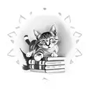 A playful and mischievous cat peering out from behind a stack of books, representing the curiosity and love for learning as a student. tattoo design idea