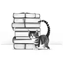 A playful and mischievous cat peering out from behind a stack of books, representing the curiosity and love for learning as a student. tattoo design idea
