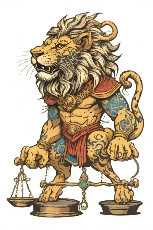 lion face warrior balance scale veritas aequitas tattoo design idea