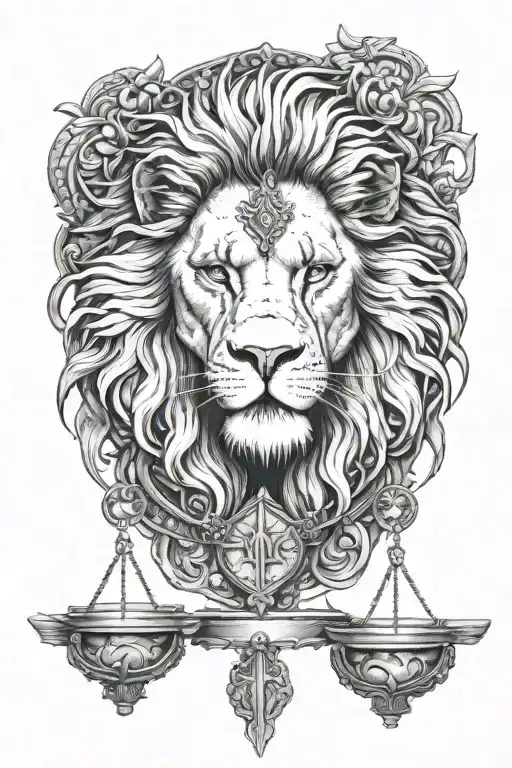 lion face warrior balance scale veritas aequitas tattoo design idea