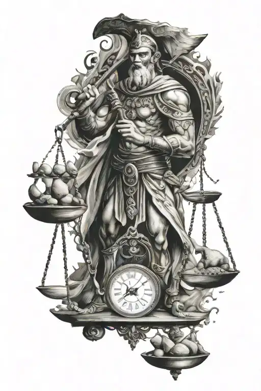 warrior, balance scale, truth, equity, tattoo design idea