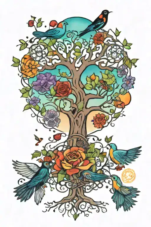 tree of life and 7 chakras with birds flying tattoo design idea