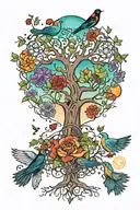 tree of life and 7 chakras with birds flying tattoo design idea
