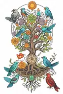tree of life and 7 chakras with birds flying tattoo design idea