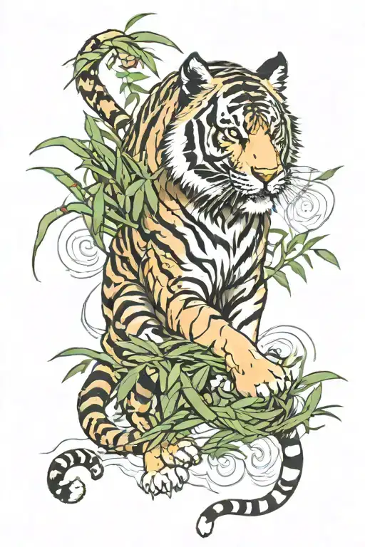 Tiger full body with bamboo and wind around it tattoo design idea