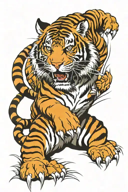 Tiger full body with bamboo and wind bars around it tattoo design idea