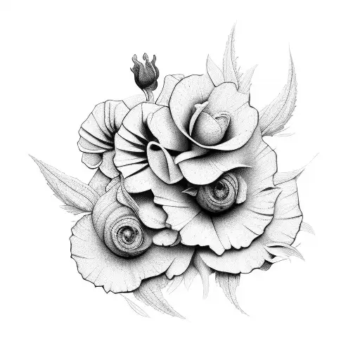 flores e concha tattoo design idea